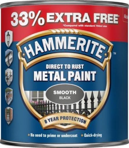 Picture of Hammerite Smooth Black Metal Paint 1L Direct To Rust
